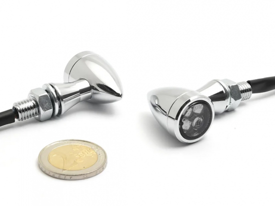 Micro Bullet - LED Blinker / chrom - vorn + hinten / 1 Paar / E-Zeichen