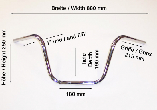 HH Lenker - Apehanger - Chrom / 900 mm b x 410 mm h - 1" (25,4 mm) Klemmung - 4-Loch-Bohrung / Tüv
