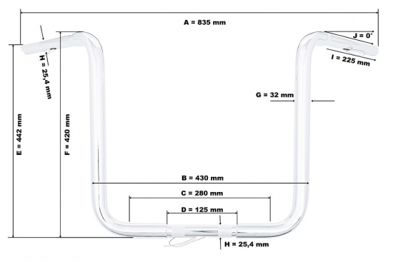 HH LENKER Lenker - Fat Apehanger - Chrom / 800 mm b x 430 mm h - 1" (25,4 mm) Klemmung - 3 Loch Bohrung / Tüv