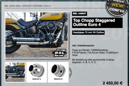 BSL Top Chopp Staggered Outline Auspuff / Headpipes 70mm VA Outline / Softail / Euro 4 / TÜV