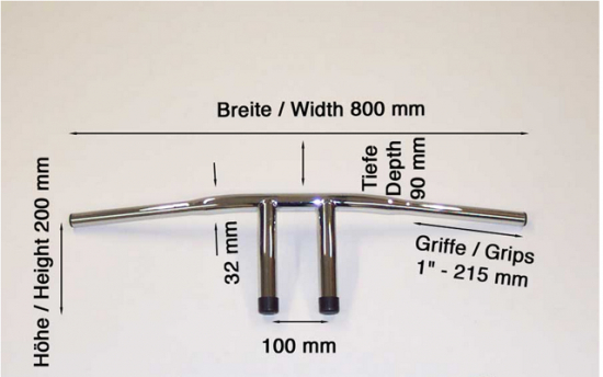 HH LENKER Wishbone mit Gewinde M12 / 3 Loch-Bohrung / 1" / 25,4 mm / 800 / 200 / chrom / Tüv