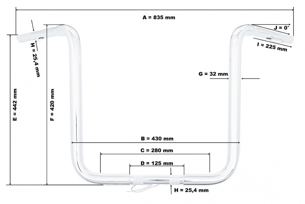 HH LENKER Lenker - Fat Apehanger - Chrom / 800 mm b x 430 mm h - 1" (25,4 mm) Klemmung - 3 Loch Bohrung / Tüv