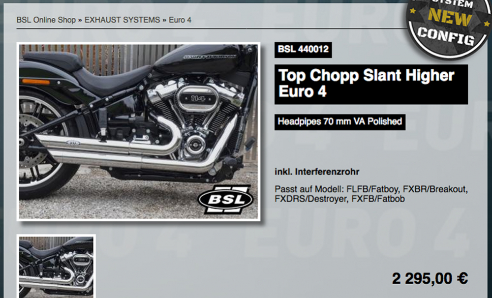 BSL Top Chopp Slant Higher Auspuff / Headpipes 70mm VA Polished / Softail / Euro 4 / TÜV